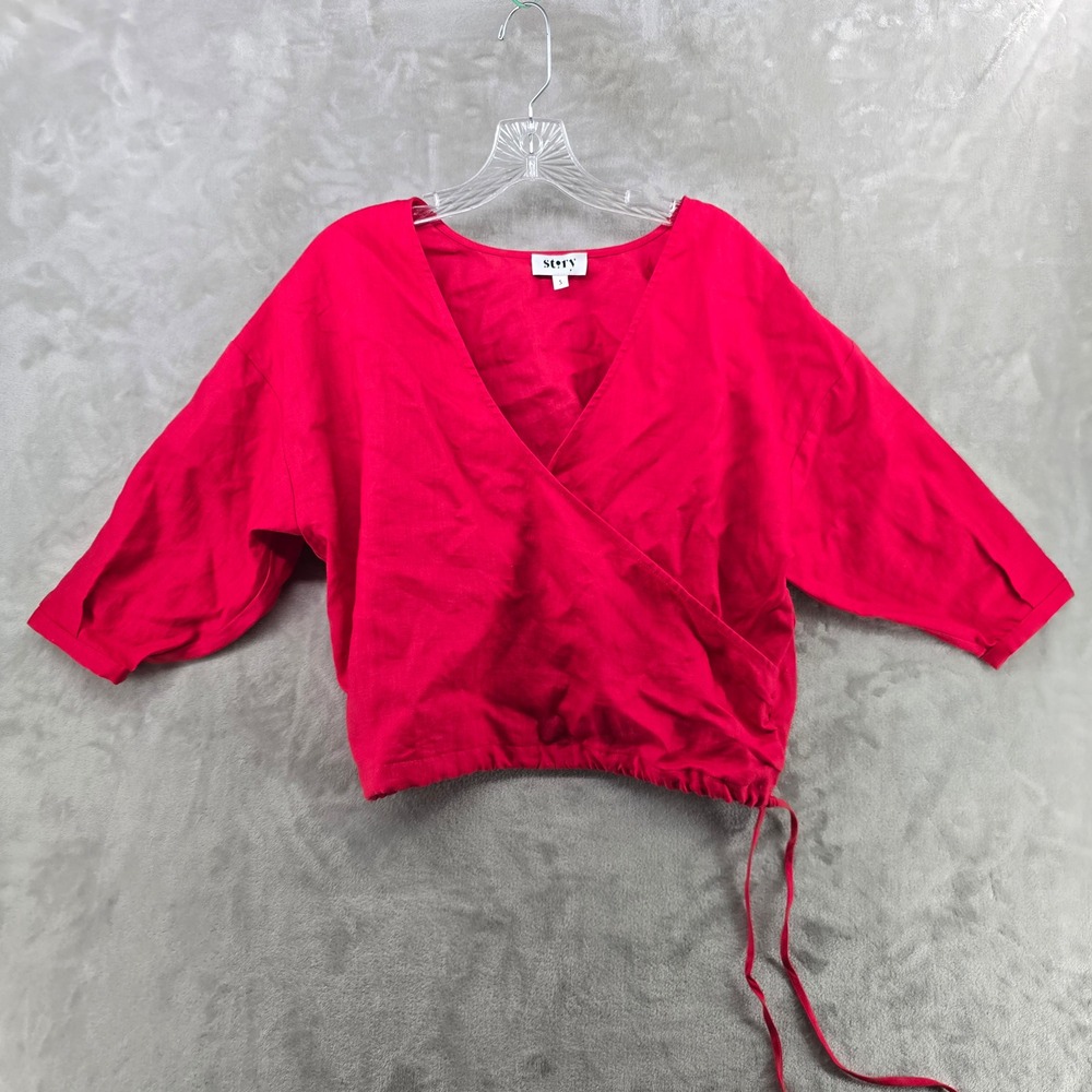 Story Women Small Wrap Top Red Cotton Linen V-Neck 3/4 Sleeve Drawstring Hem